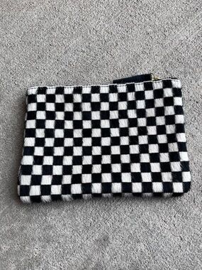 Primecut black and white checkered calf leather pony hair pouch wallet wristlet